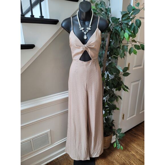 The Room Jumpsuit Women Medium Beige White Striped Cutout Wide Leg Sleeveless - Picture 2 of 12